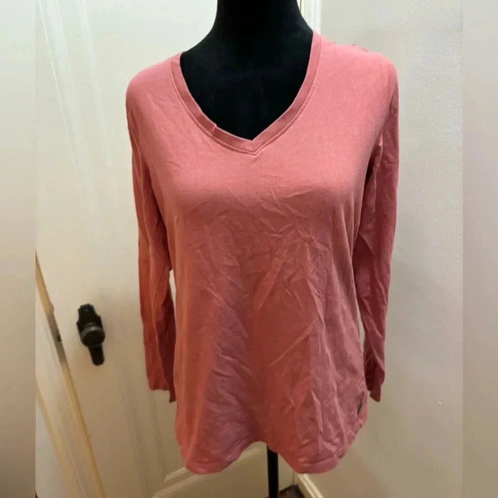 Eddie Bauer Top Womens L Coral V Neck Tee Long Sleeve Cotton Polyester Casual